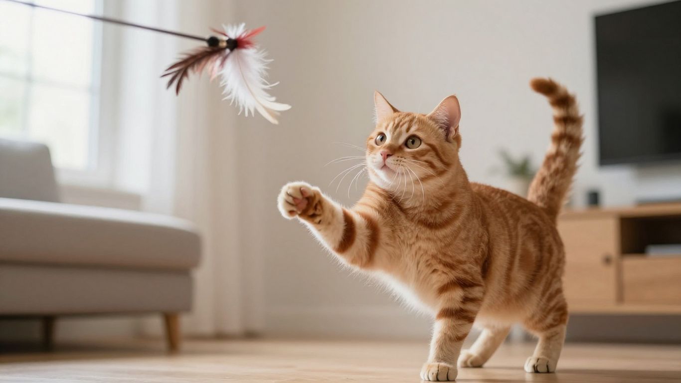 A cat leaping towards a feather toy