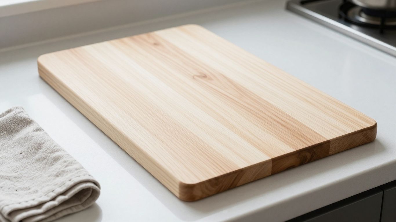 Pale maple cutting board beside fresh vegetables