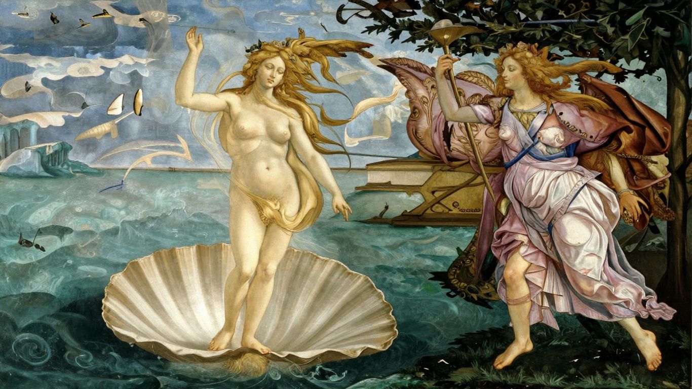 Botticellis Geburt der Venus, Göttin auf Muschel im Meer