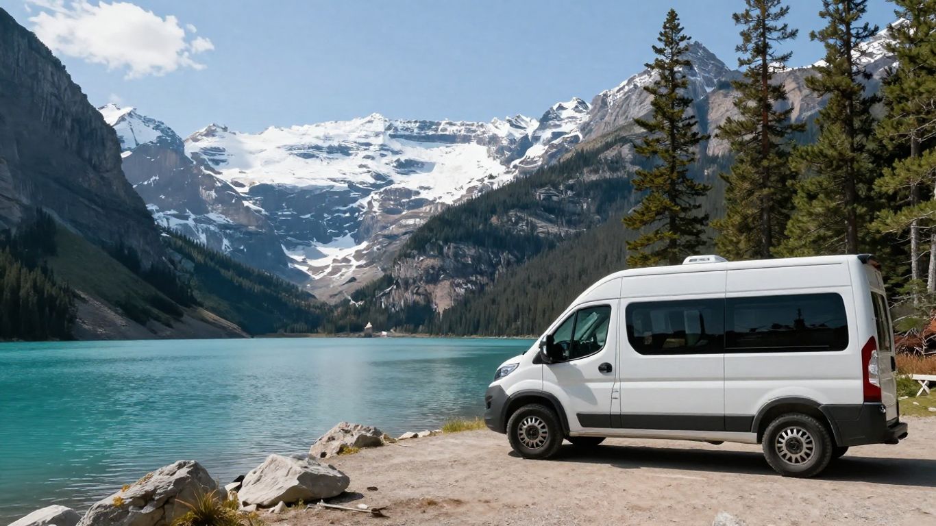 Campervan parked by a lake with mountains.