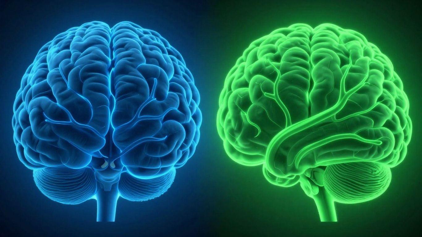 Comparing two stylized brains with different colored neural pathways.