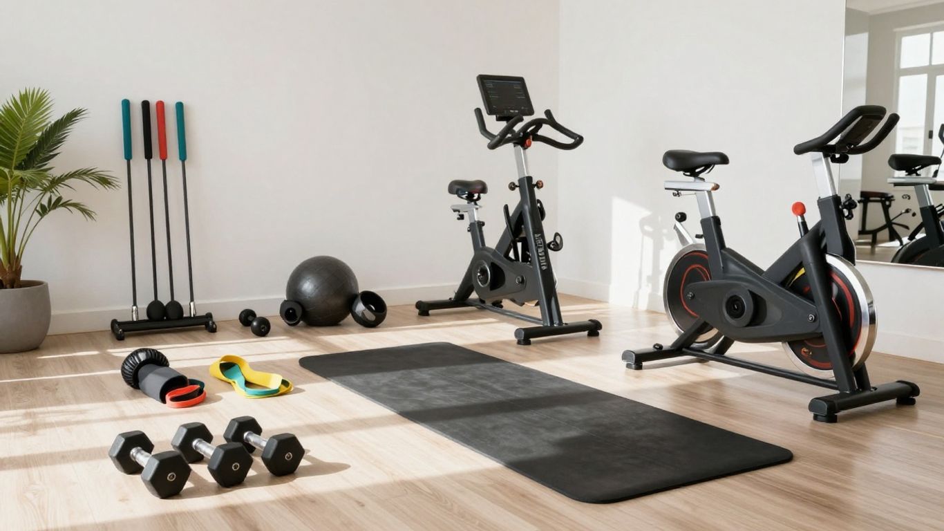 Home gym with various fitness equipment.