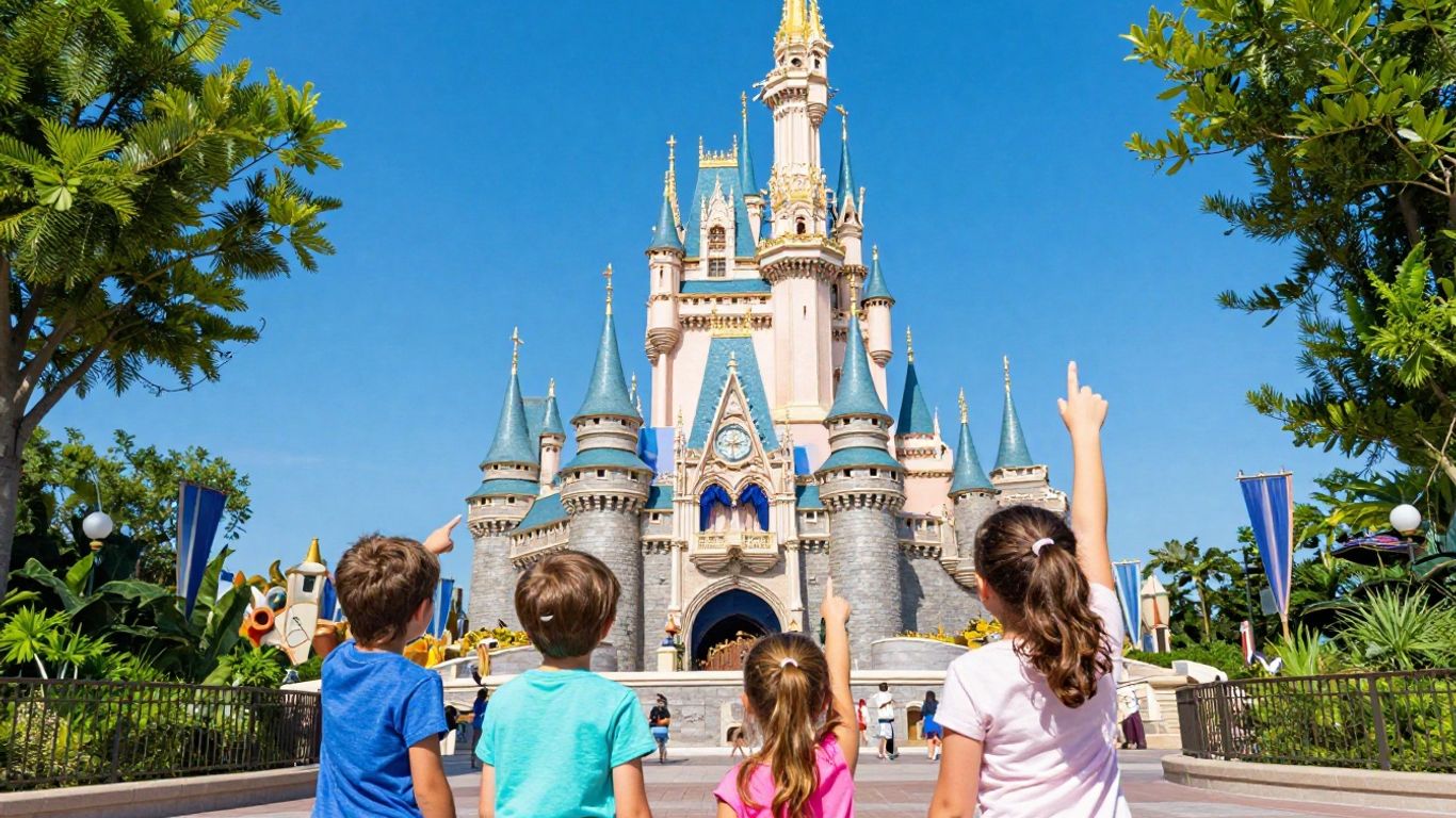Cinderella Castle at Walt Disney World with happy families.