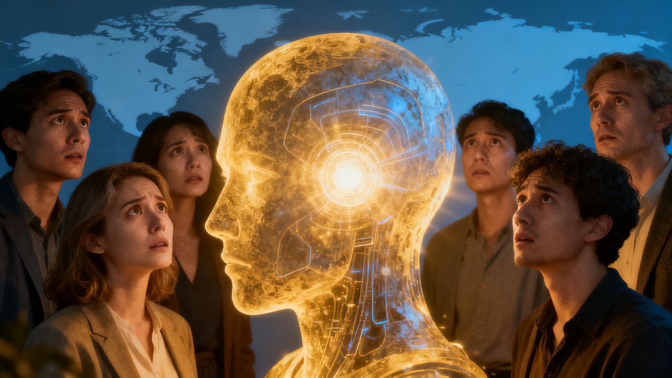 Global AI assessment: people around glowing AI.