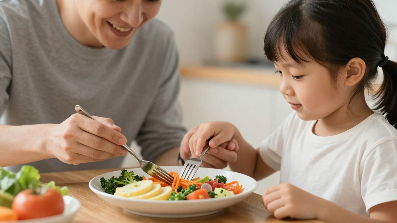 Parent et enfant parlant du poids sainement.