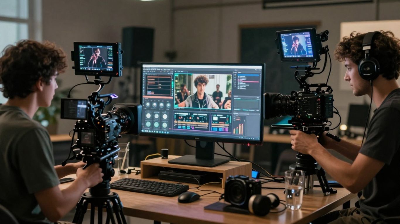 AI and film equipment merging in a studio.