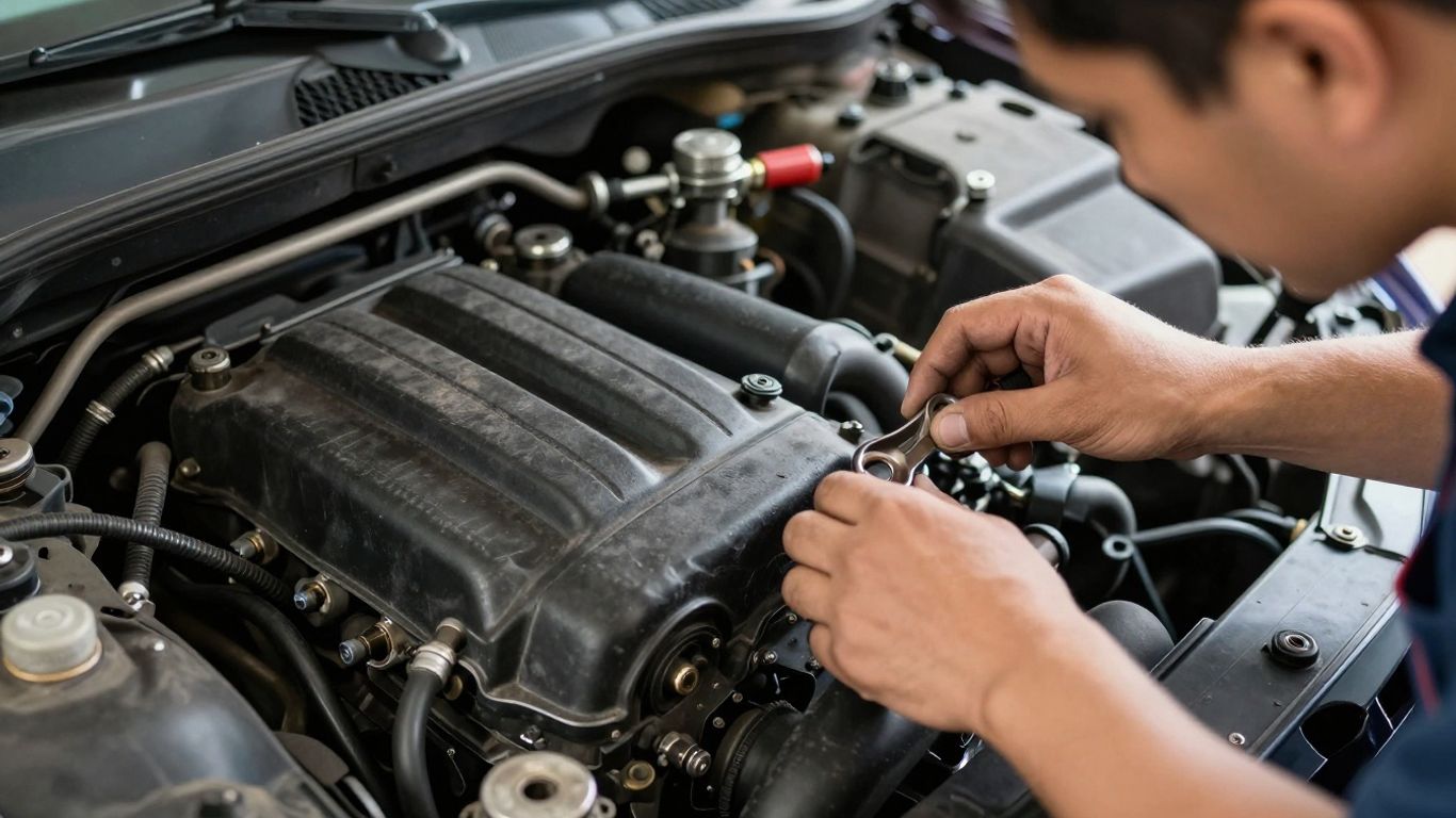 Mechaniker prüft Motorraum eines Gebrauchtwagens auf Unfallschäden.