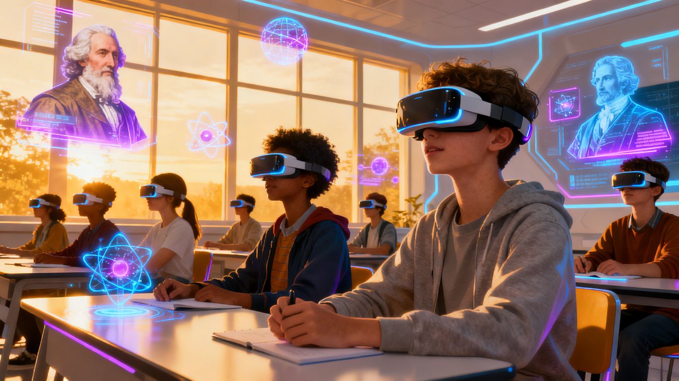 Students using VR headsets in a futuristic classroom.