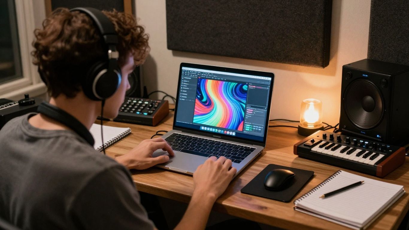Young independent musician reviewing AI visuals