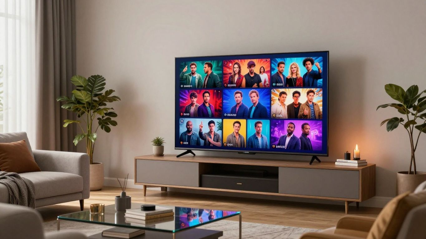 Modern living room with TV showing diverse TV show scenes.
