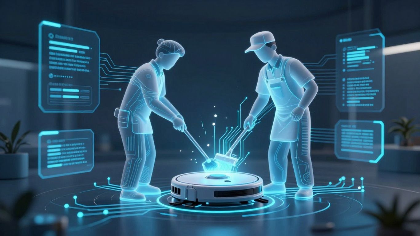 Futuristic AI interface with abstract janitor figure.