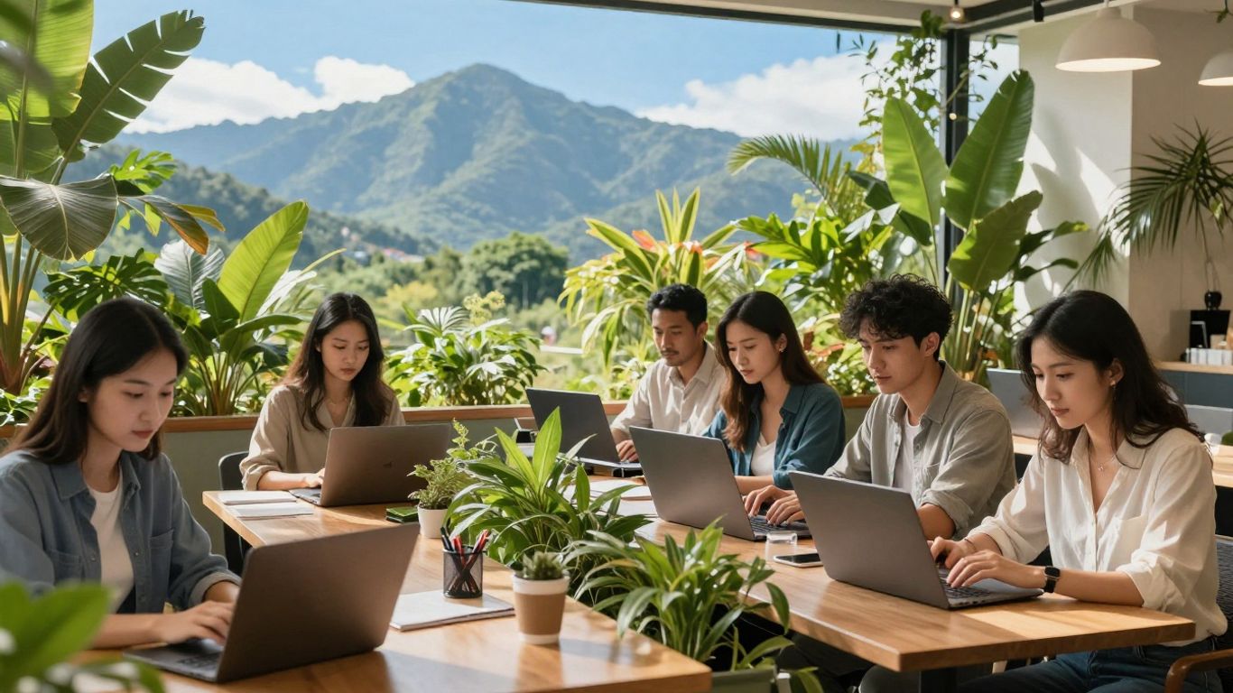 People working remotely in a scenic outdoor workspace.