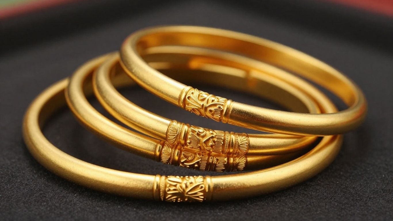 Collection of elegant gold bangles with intricate designs.