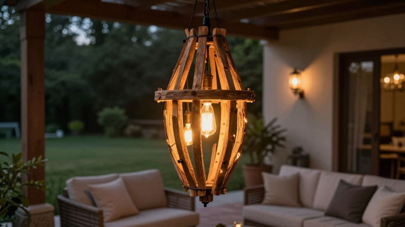 DIY outdoor chandelier illuminating a patio at dusk.