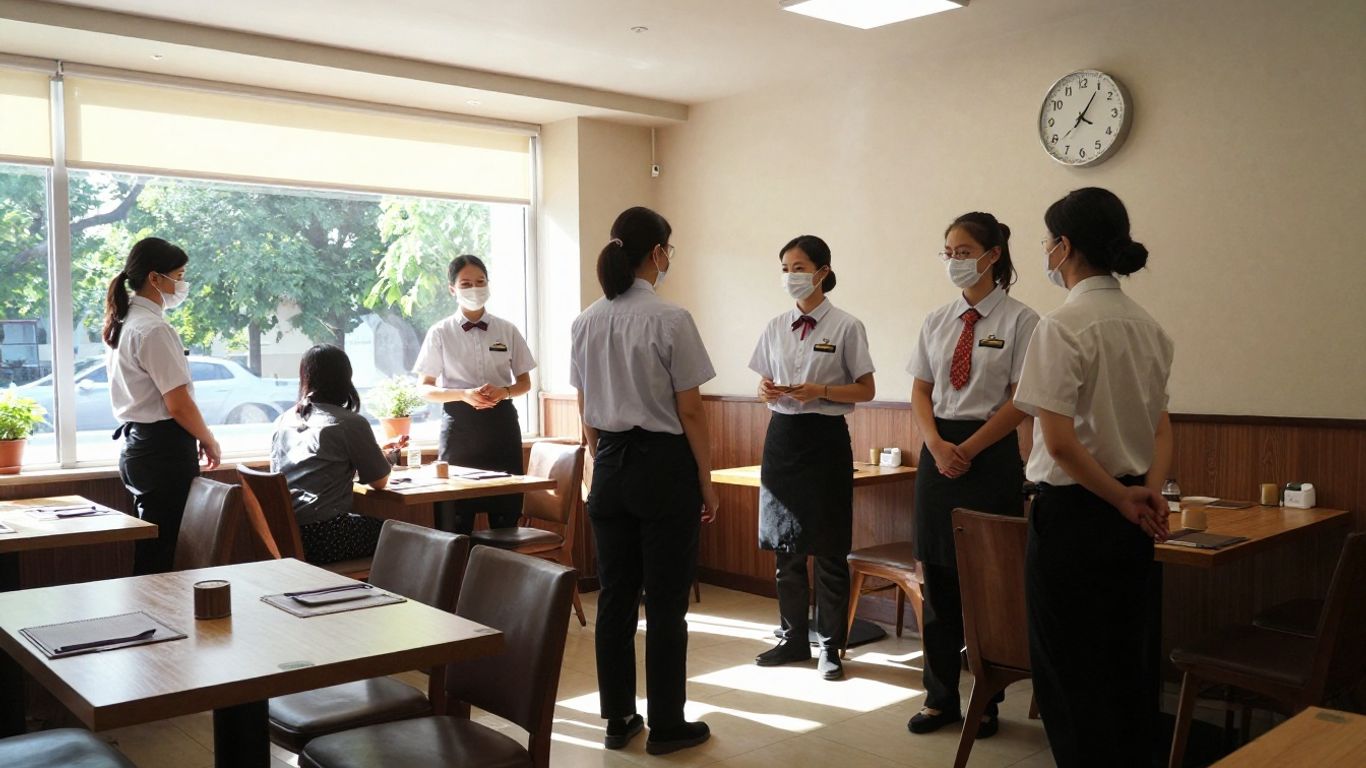 Personnel de restaurant travaillant dans un établissement animé.