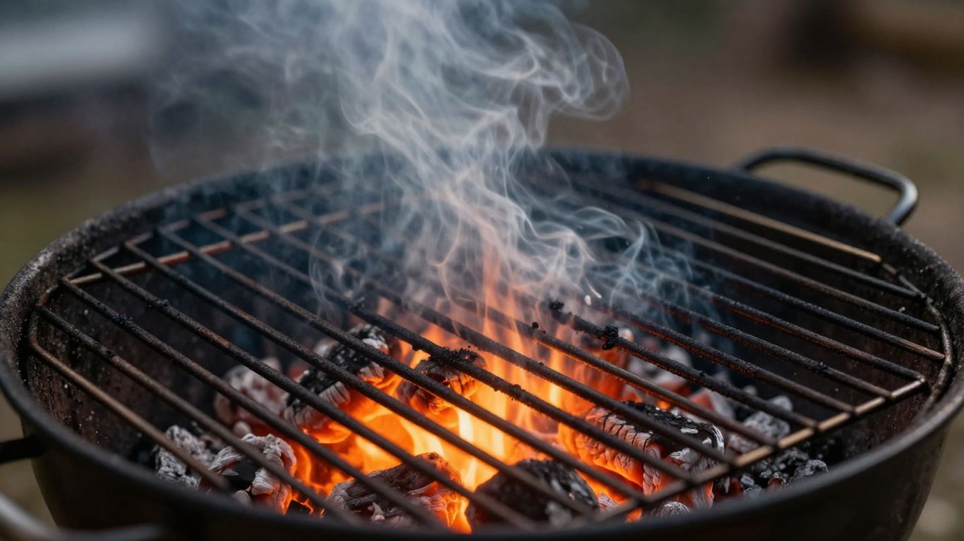 Grill preheating with glowing embers and smoke.