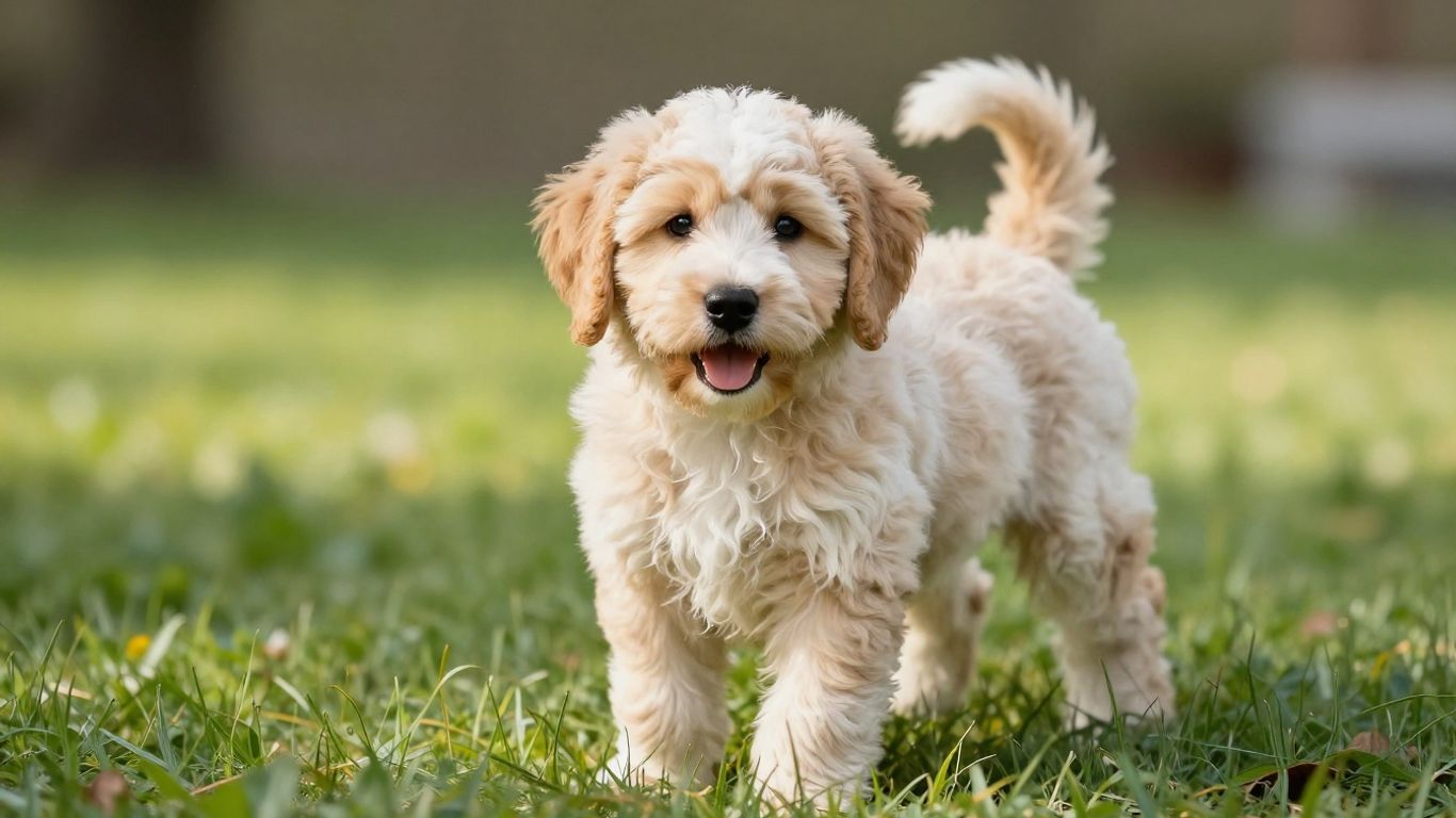 Healthy Bernedoodle puppy playing in a sunny field.