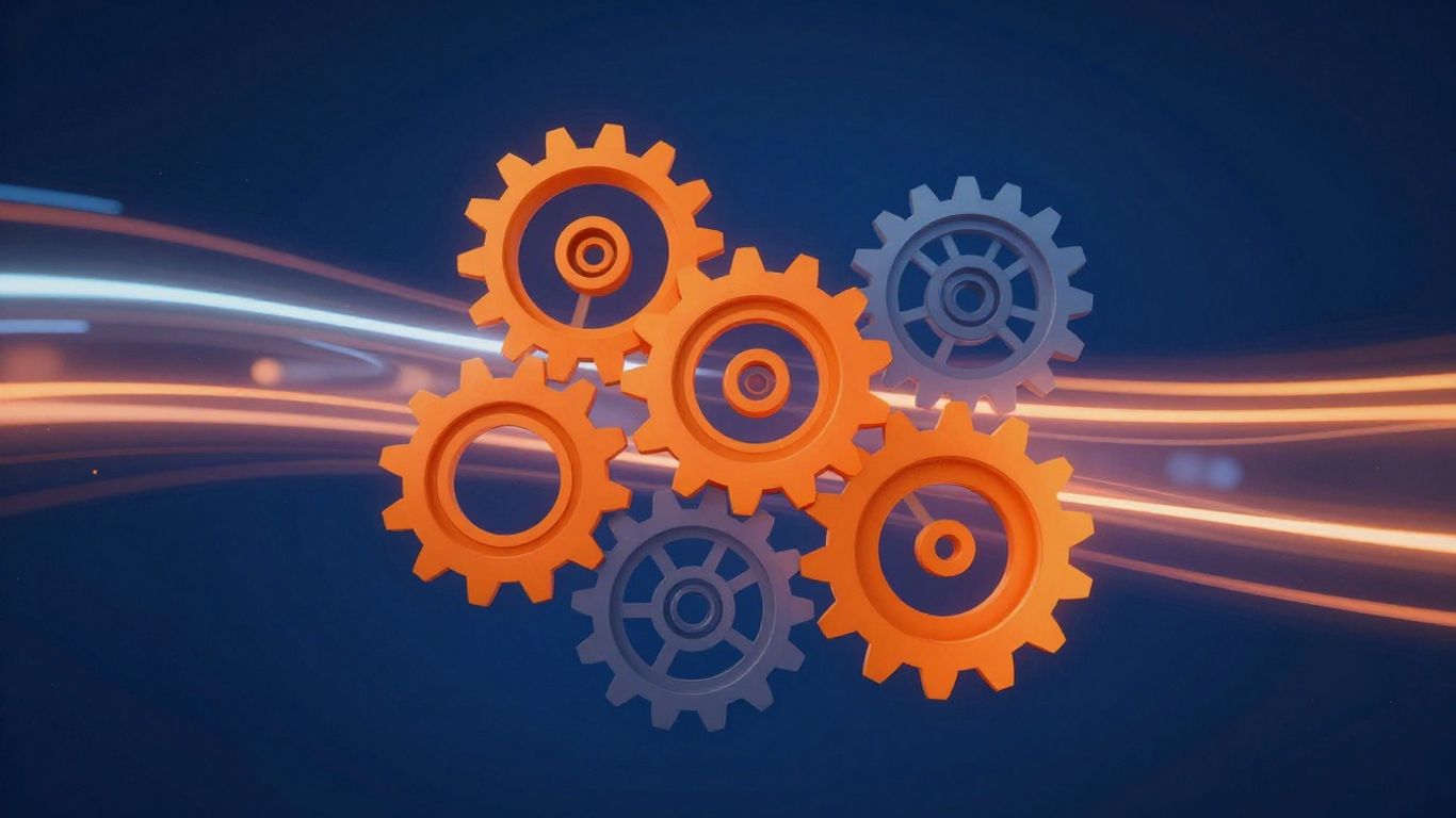Abstract gears and light trails suggesting strategy and performance.