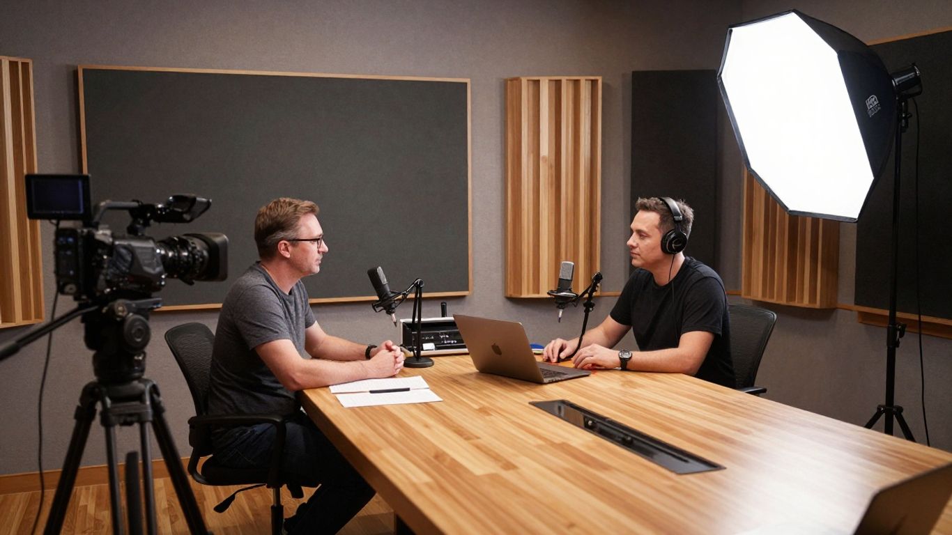Podcast recording studio with cameras and microphones