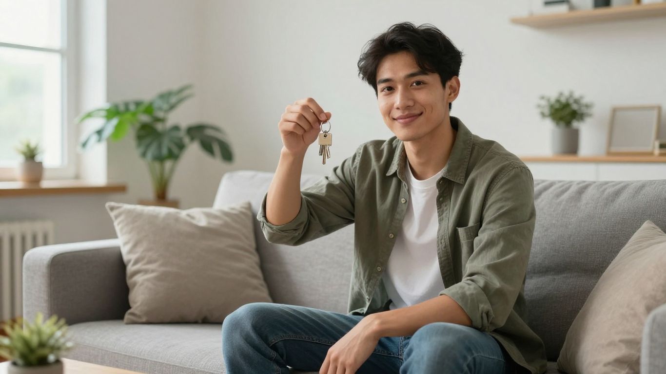 Inquilino feliz en apartamento moderno y seguro