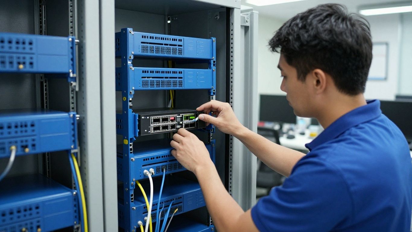 Technician inspecting office network equipment