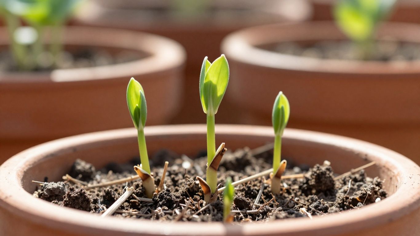Überwinterte Topfpflanze mit neuen Trieben im Frühling