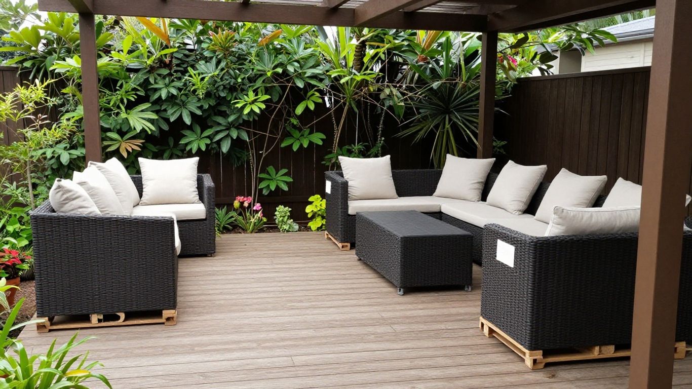 Outdoor furniture boxes beside a covered patio