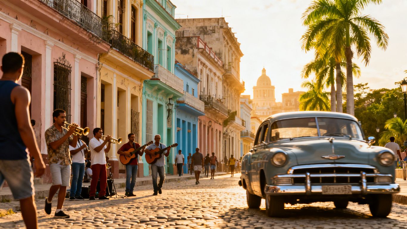Cuban street scene with colorful buildings and classic car.