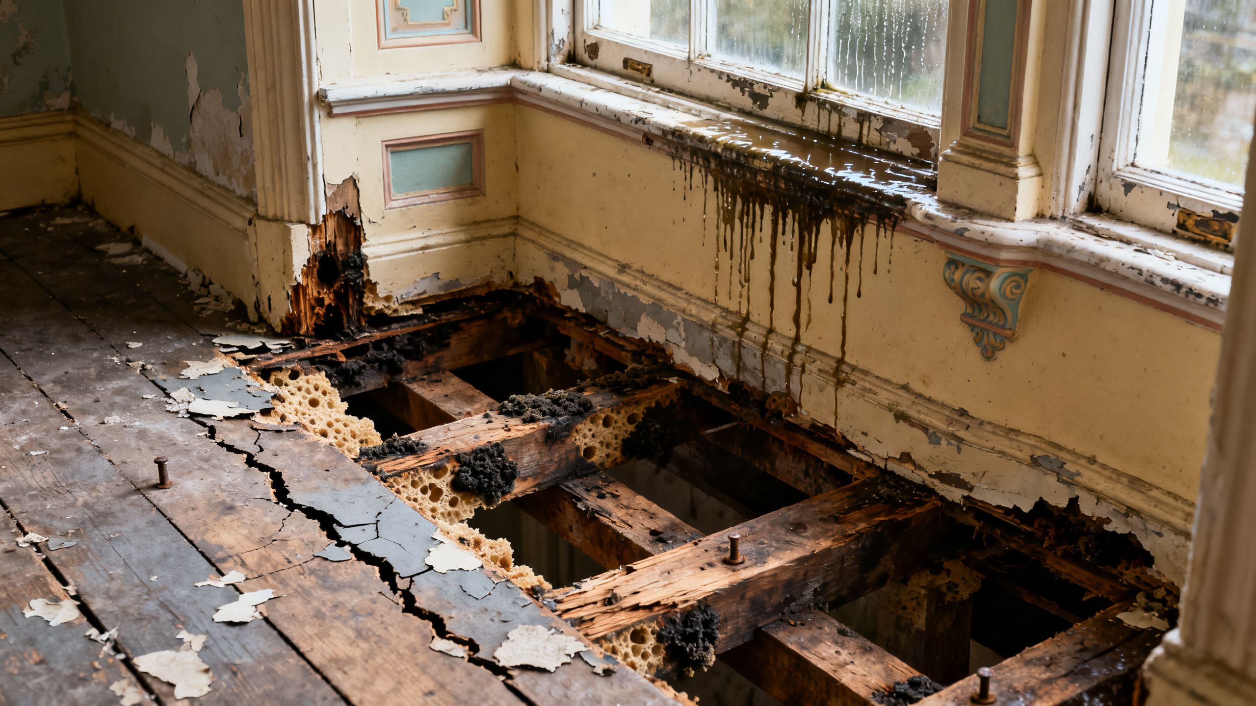 Close-up of wet-rotted joist ends and crumbling floorboards beside a bay window in a Bristol Victorian terrace