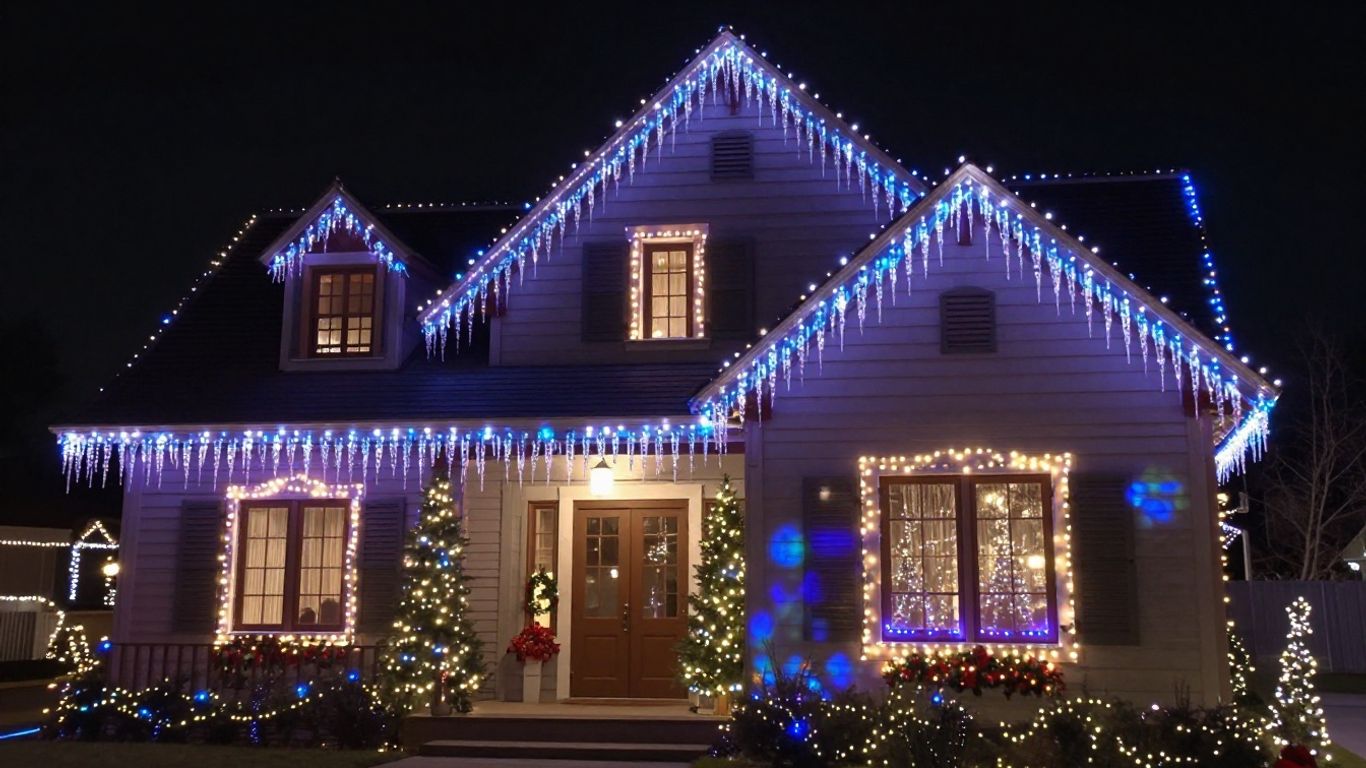 House decorated with colorful Christmas lights at night.