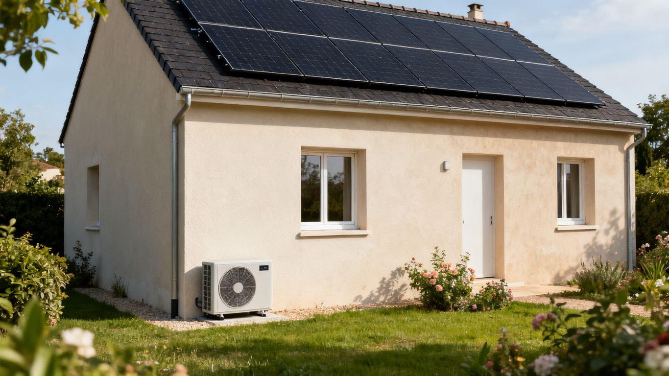 Maison équipée d’une pompe à chaleur et de panneaux solaires