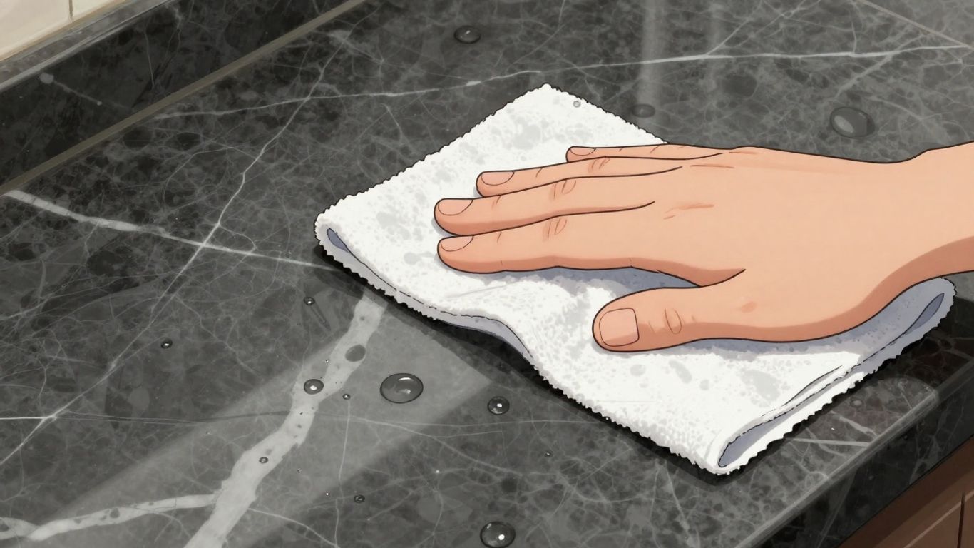 Cleaning marble tile with a soft cloth.