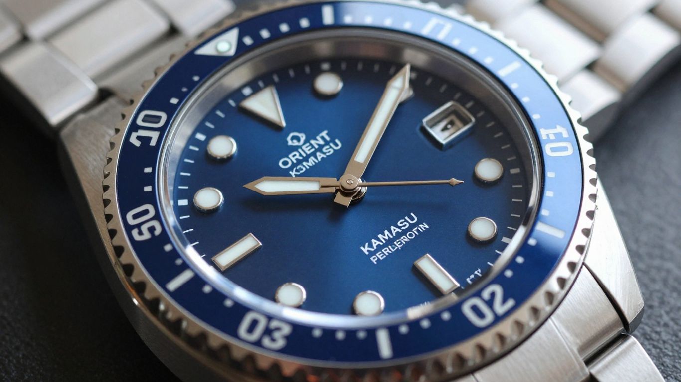 Orient Kamasu dive watch with blue dial and steel bracelet.