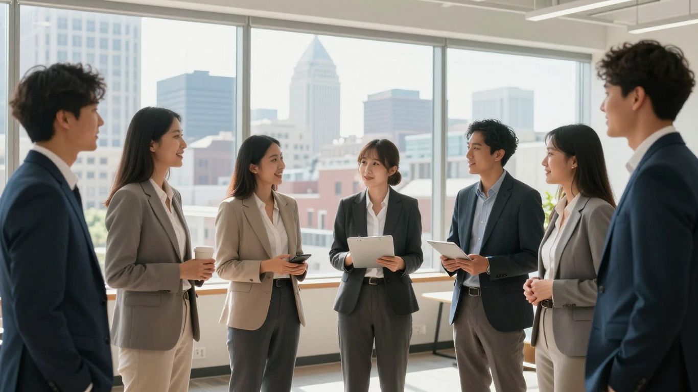 Young professionals in Louisville office preparing for sales internships