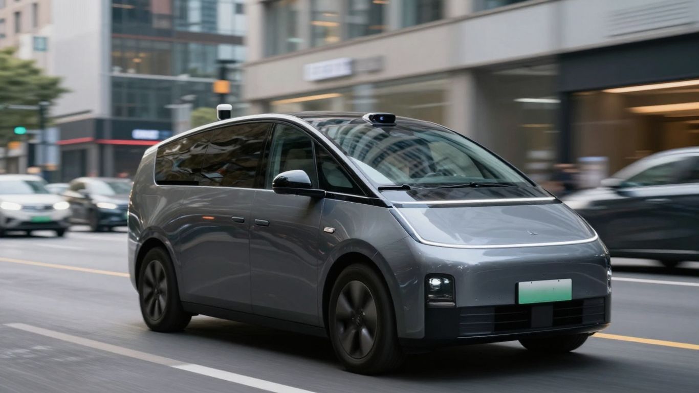 Mașină autonomă modernă pe o stradă urbană.