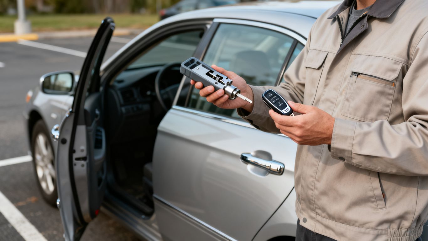A technician preparing a replacement car key beside a parked vehicle