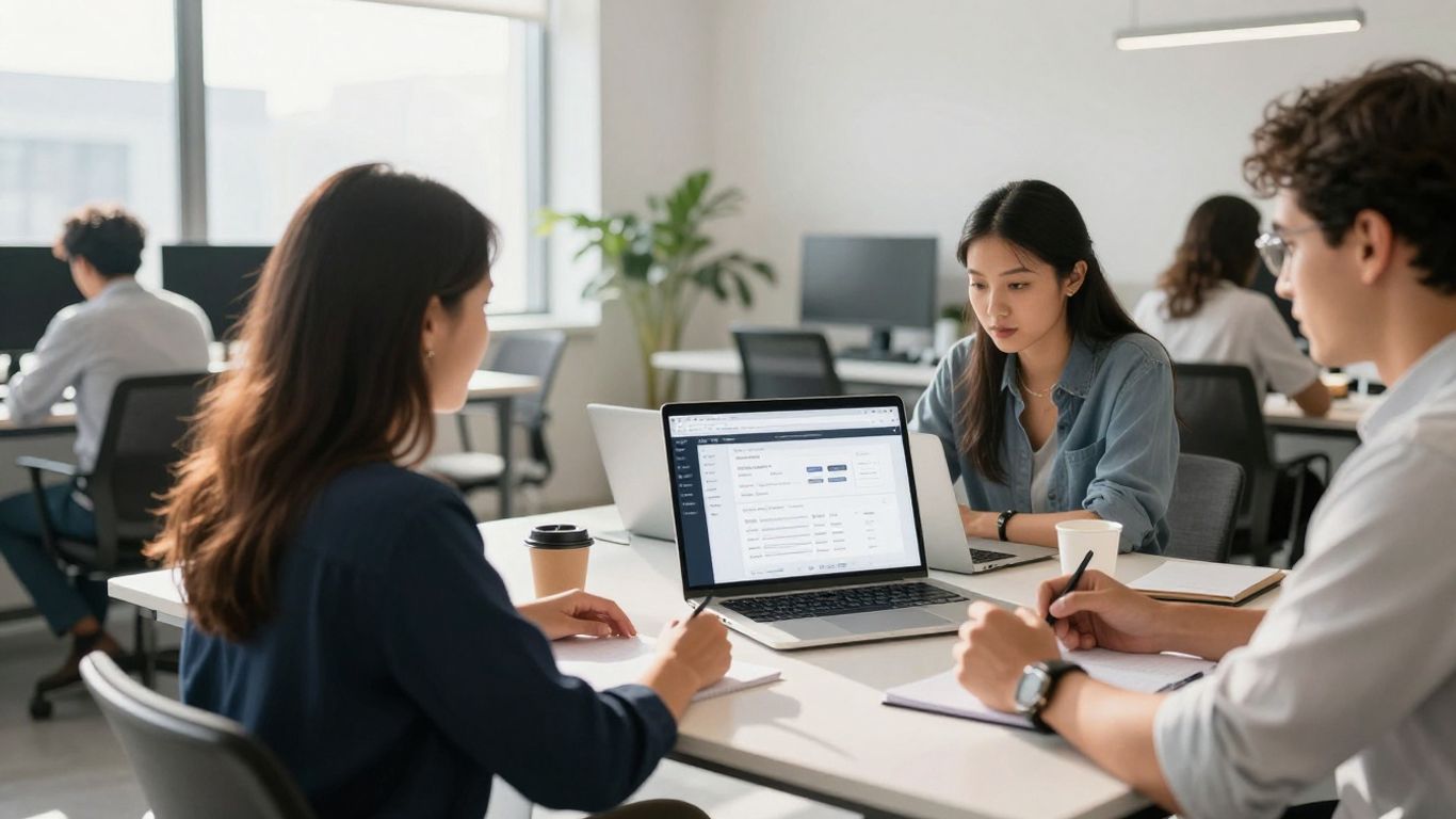 Business professionals collaborating in a modern office with Noysi interface.