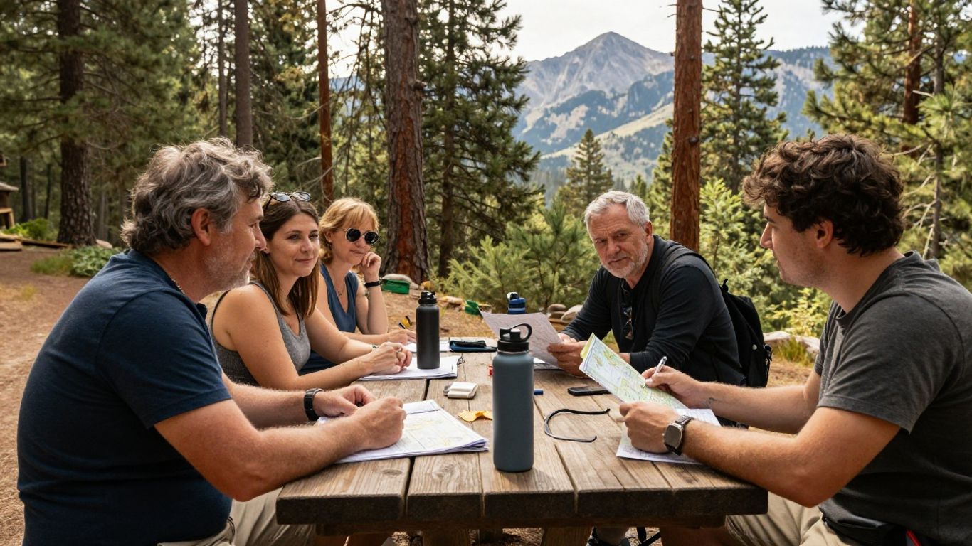 Travelers reviewing a national park itinerary outdoors
