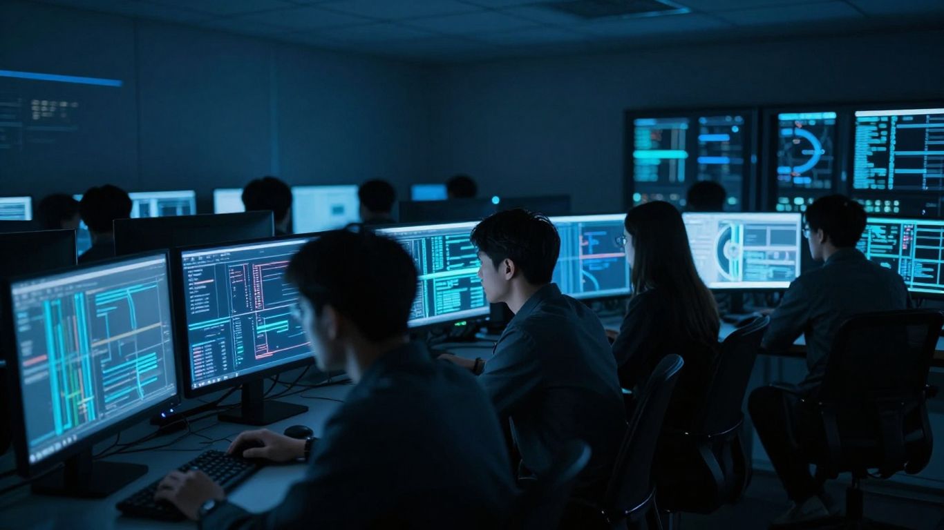 Security analysts monitoring glowing digital data streams.