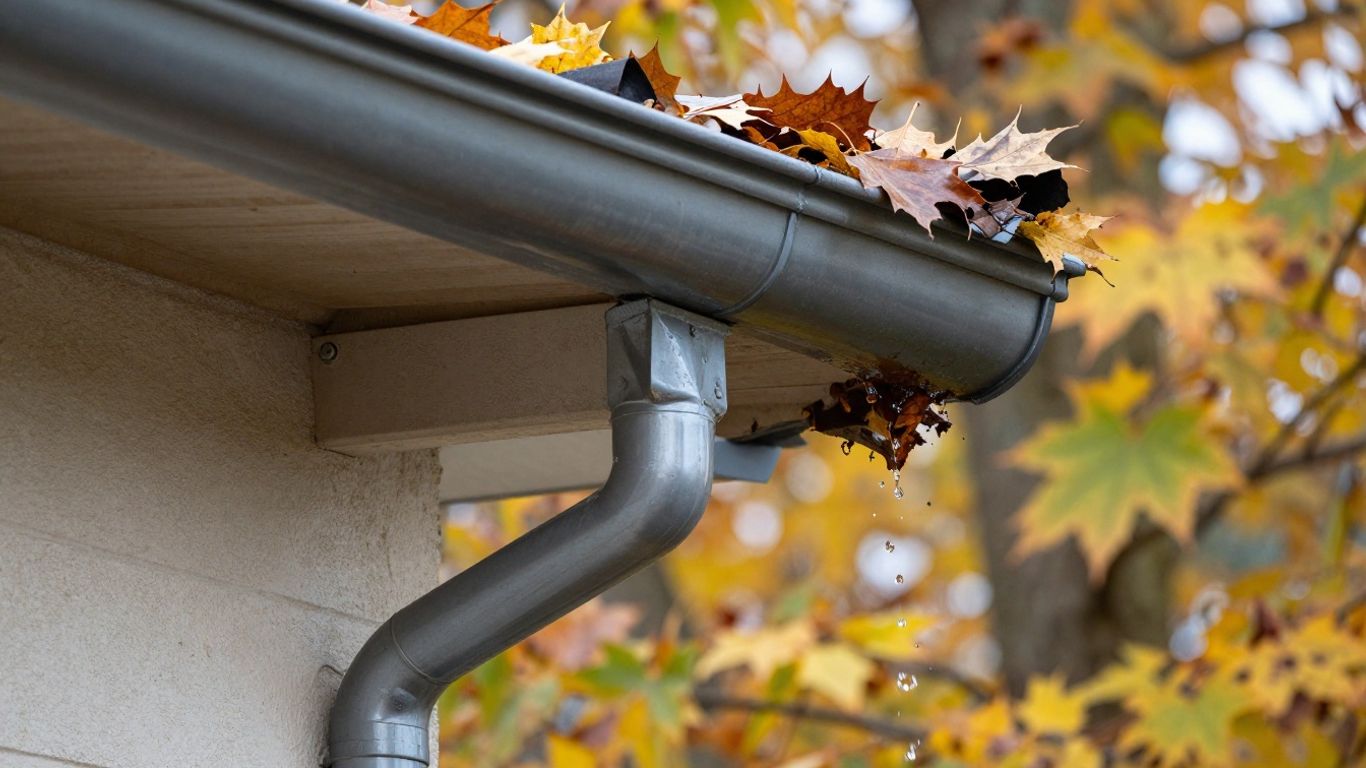 House gutters, one clean, one clogged with leaves.