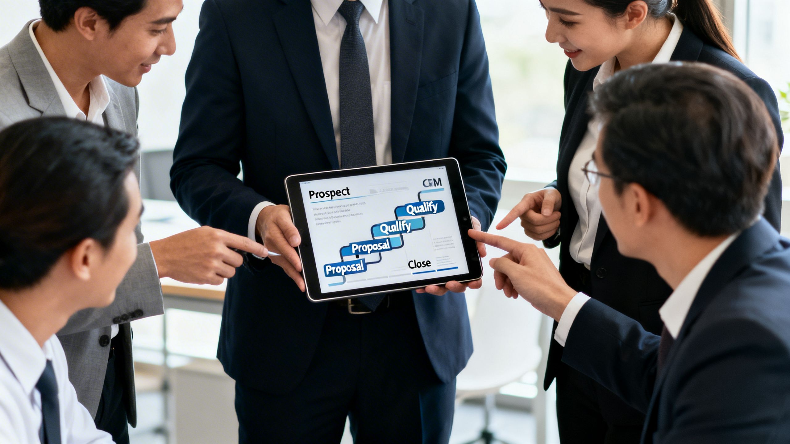 A team of professionals collaborating around a tablet showing a visual sales pipeline, demonstrating the value of a crm for pipeline visibility.
