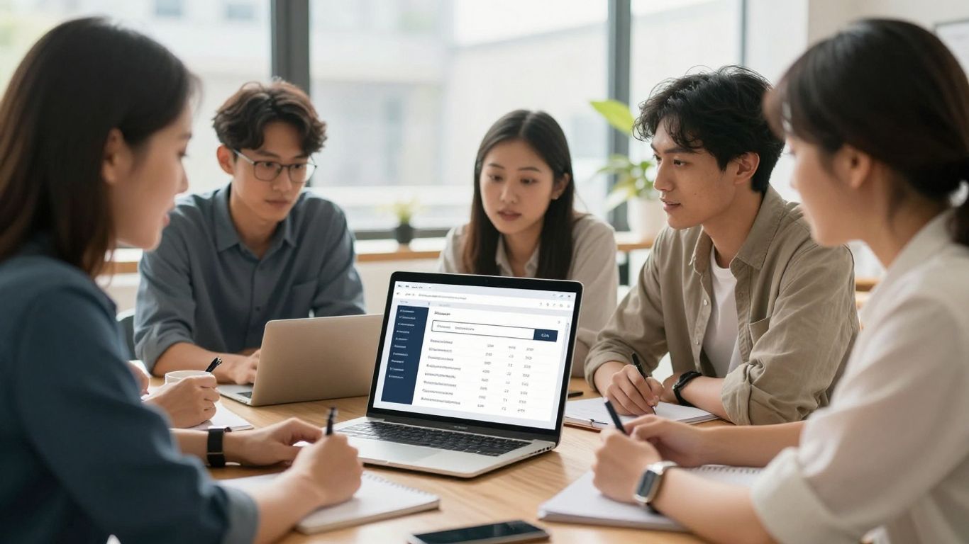 Small business owners discussing SEO strategies on a laptop.