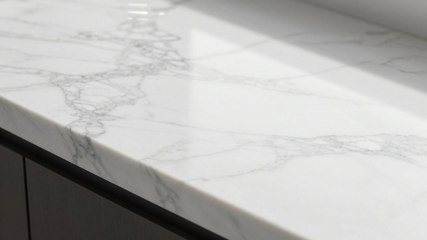 Polished white marble countertop with grey veining.