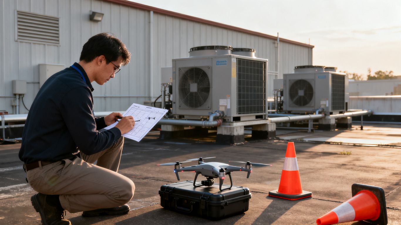 Thermal drone inspection preparation at commercial building