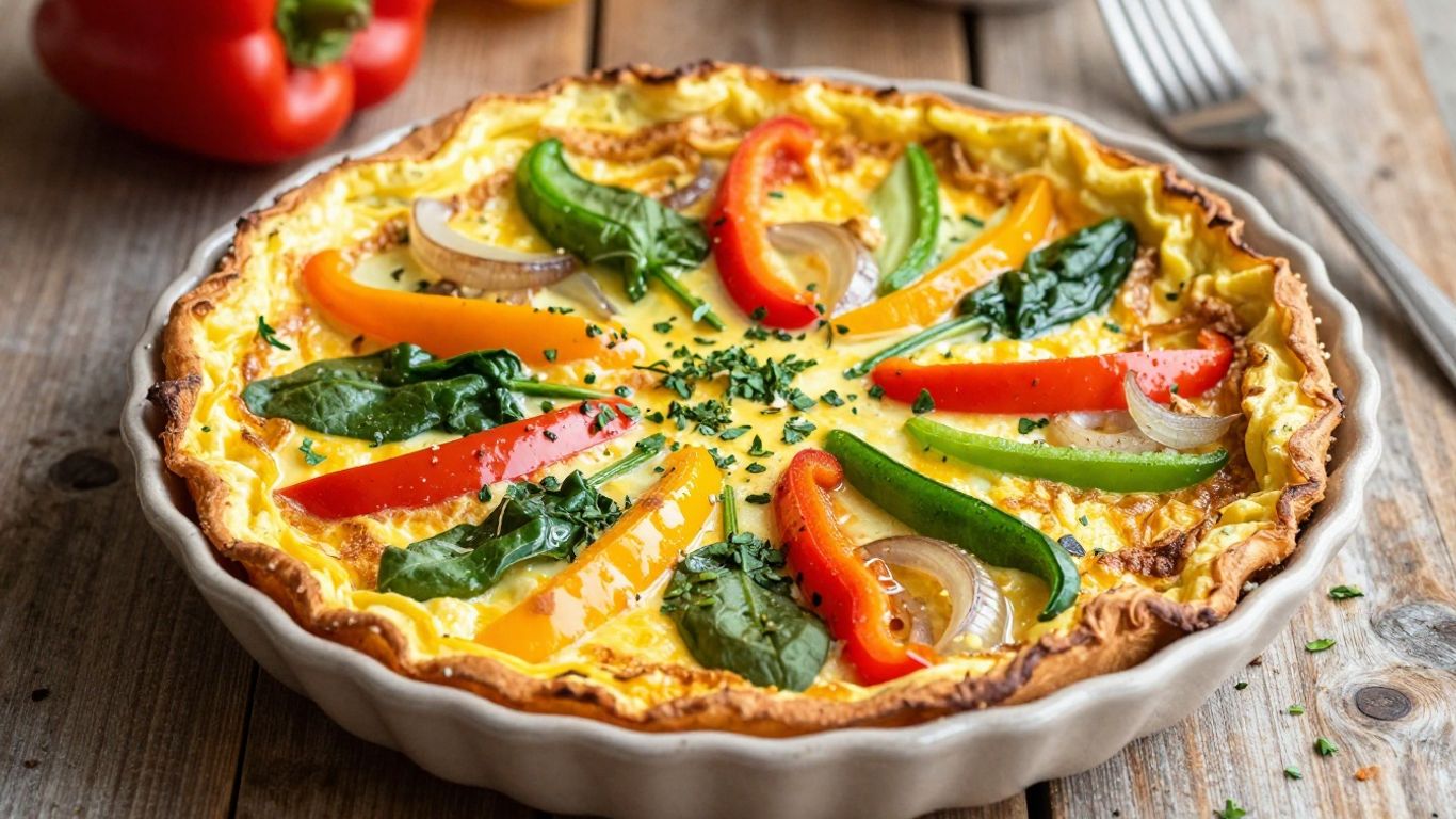 Healthy veggie frittata with colorful vegetables and herbs.