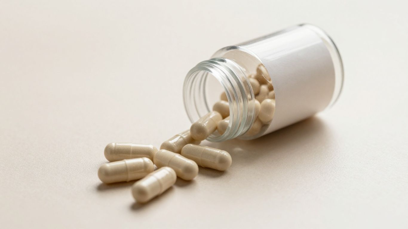 Bottle of probiotic capsules with scattered pills.