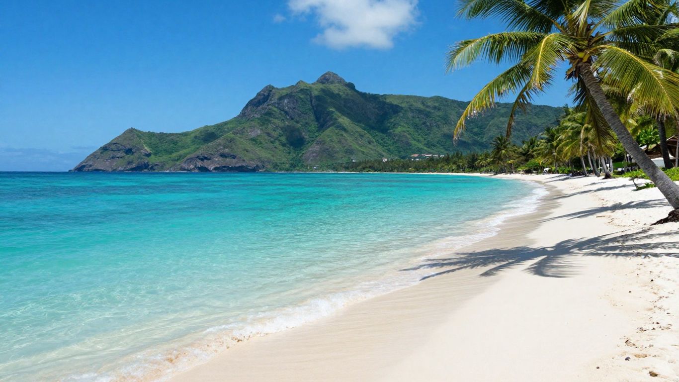 Tropical beach with palm trees and distant mountains.