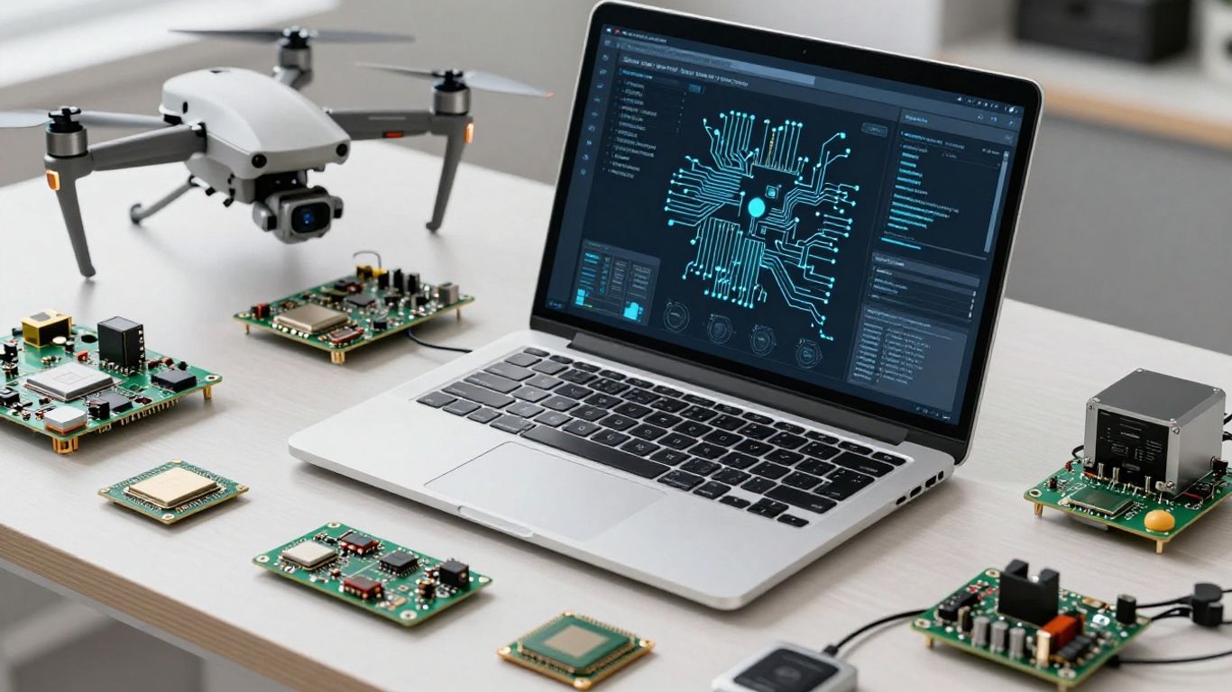 Drone hovering over laptop with software and tech components.