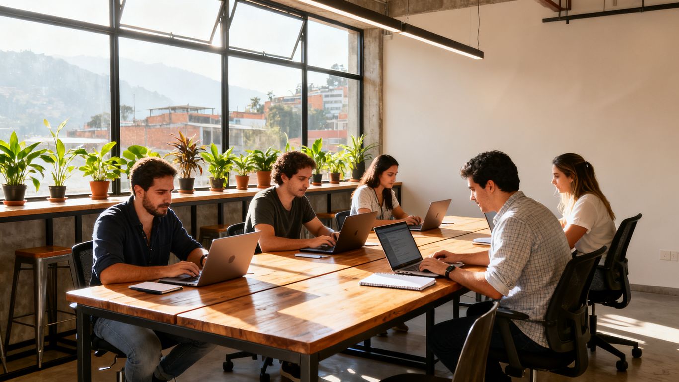 Collaborative entrepreneurs working in Medellín workspace