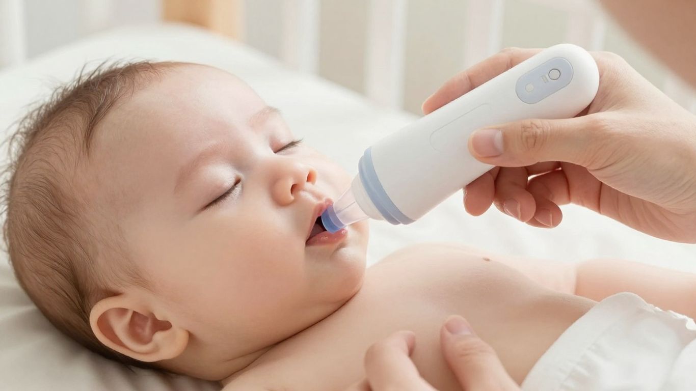 Padre usando aspirador nasal en bebé.
